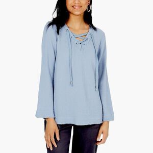 Style & Co Lace Up Textured Top in Blue Fog Size Medium NWT